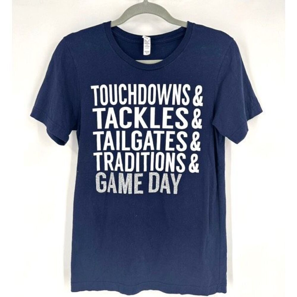 Bella Canvas Football Tackles Touchdowns Tailgates Traditions blue Shirt Small